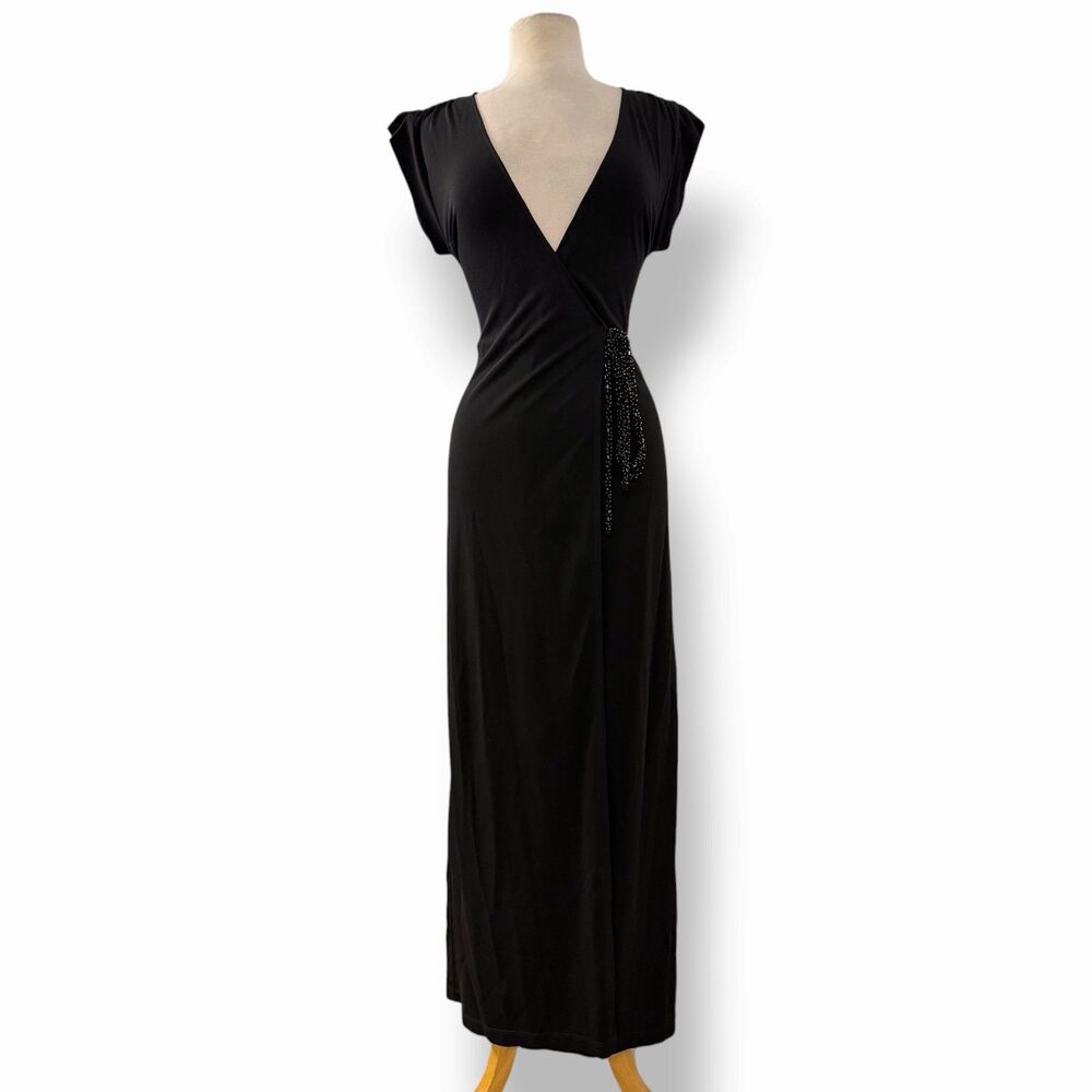 BCBGMAXAZRIA Black Beaded Wrap Maxi Dress XS Y2K Whimsigoth Cyber Grunge